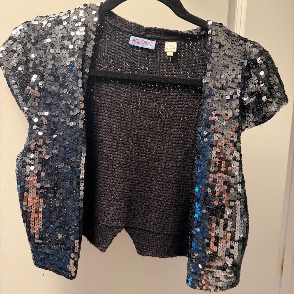 Acrobat Sequined Short Sleeve Cropped Shrug in Black and Silver